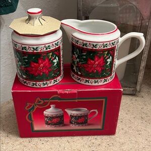 Holiday Poinsettia Vintage Sugar & Creamer Serveware Set